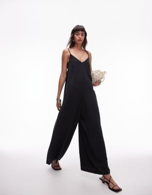 Topshop - Jumpsuit aus schwarzem Cupro mit gebundener Rückseite, weitem Bein und schmalen Trägern