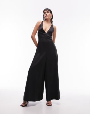 Topshop - Jumpsuit in Schwarz mit gitterartiger Rückseite und weitem Bein