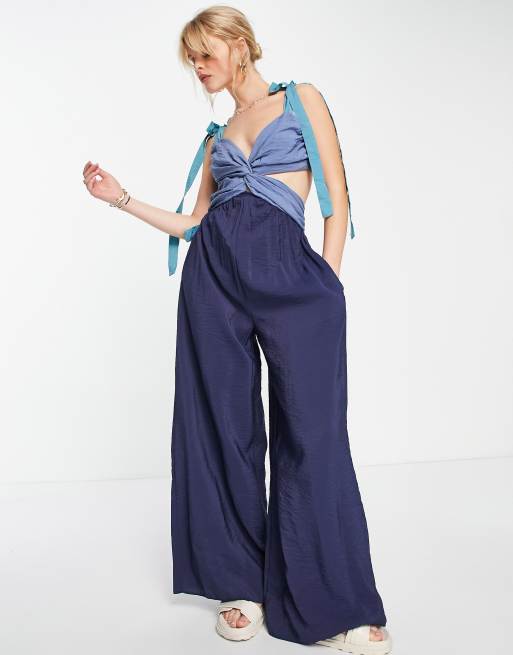 Topshop - Jumpsuit met kleurvlakken en gestrikte mouwen in blauw 