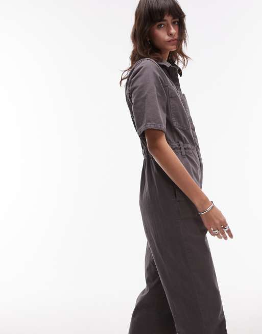 Topshop - Jumpsuit met korte mouwen in antracietgrijs, 2 van 4