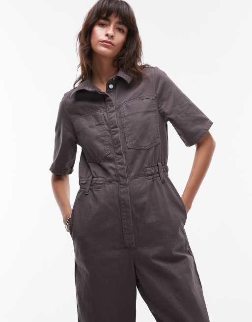 Topshop - Jumpsuit met korte mouwen in antracietgrijs, 4 van 4