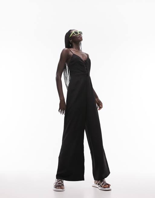 Topshop - Jumpsuit met print en vetersluiting in zwart