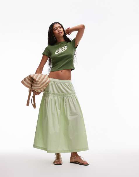 Topshop - Jupe ample à volants en popeline - Vert - view 1