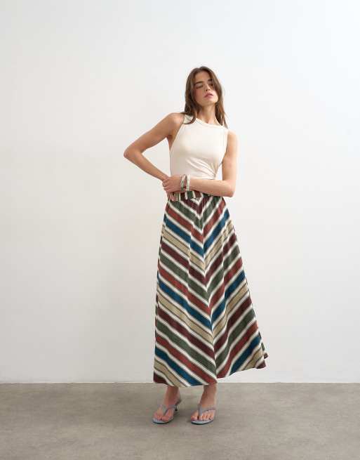 Topshop - Jupe cercle d'ensemble longue avec taille élastique et rayures - Multicolore