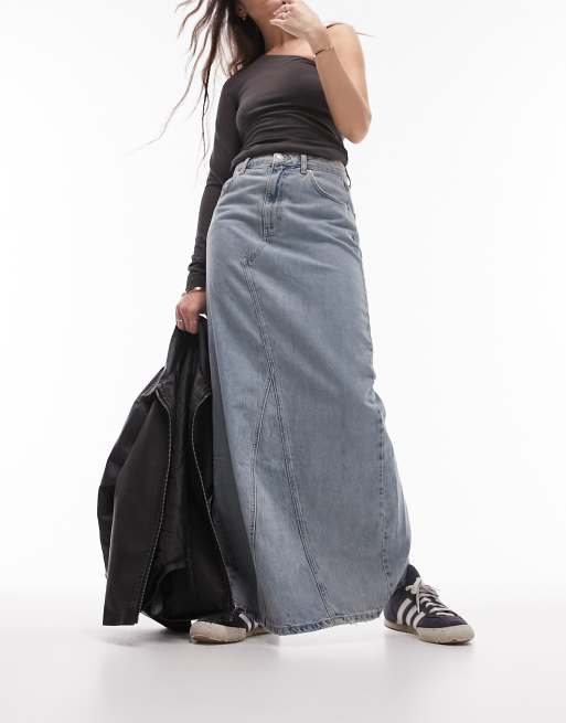 Topshop - Jupe colonne longue en jean délavé effet sali