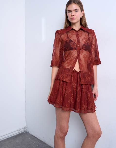 Topshop - Jupe d'ensemble en dentelle avec taille élastiquée - Rouille - view 1