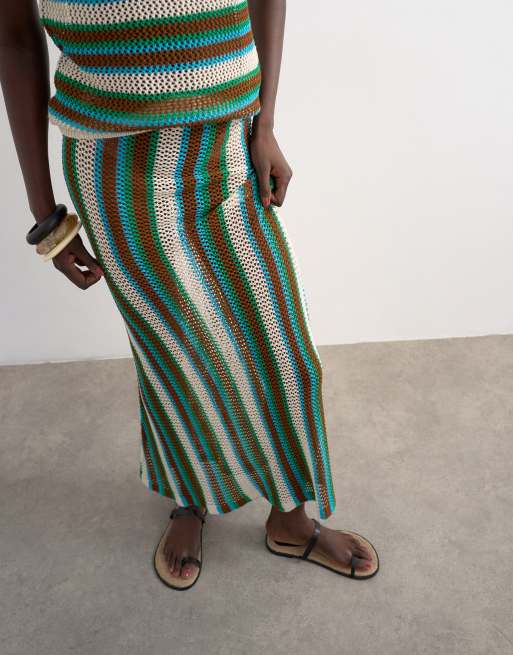 Topshop - Jupe d'ensemble longue en maille rayée - Bleu/marron, 2 de 5