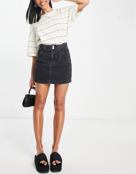 Topshop - Jupe en jean à taille haute froncée - Noir délavé - view 1