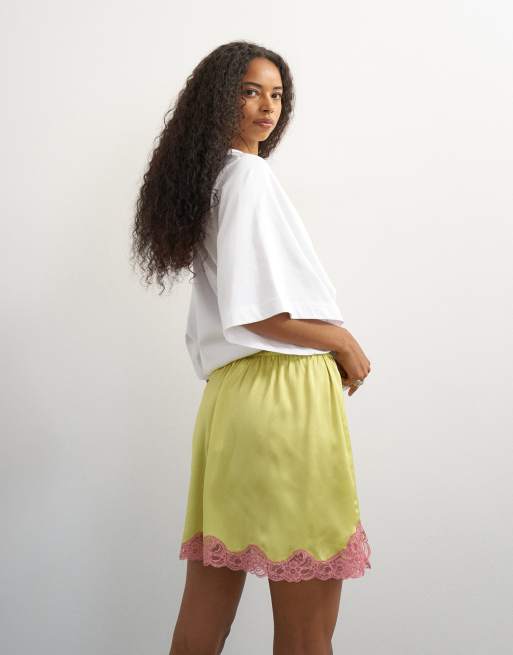 Topshop - Jupe en satin et dentelle - Citron vert, 5 de 5