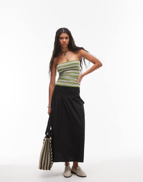 Topshop - Jupe évasée en popeline à taille tombante incurvée - Noir - view 1