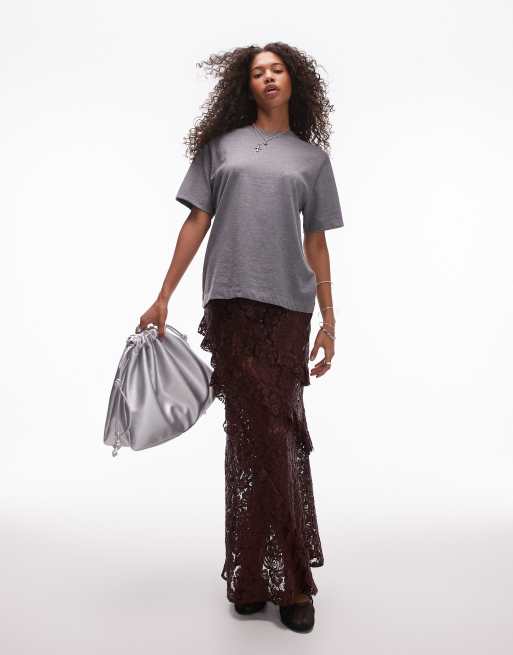 Topshop - Jupe longue à volants en dentelle transparente - Bordeaux, 3 de 5