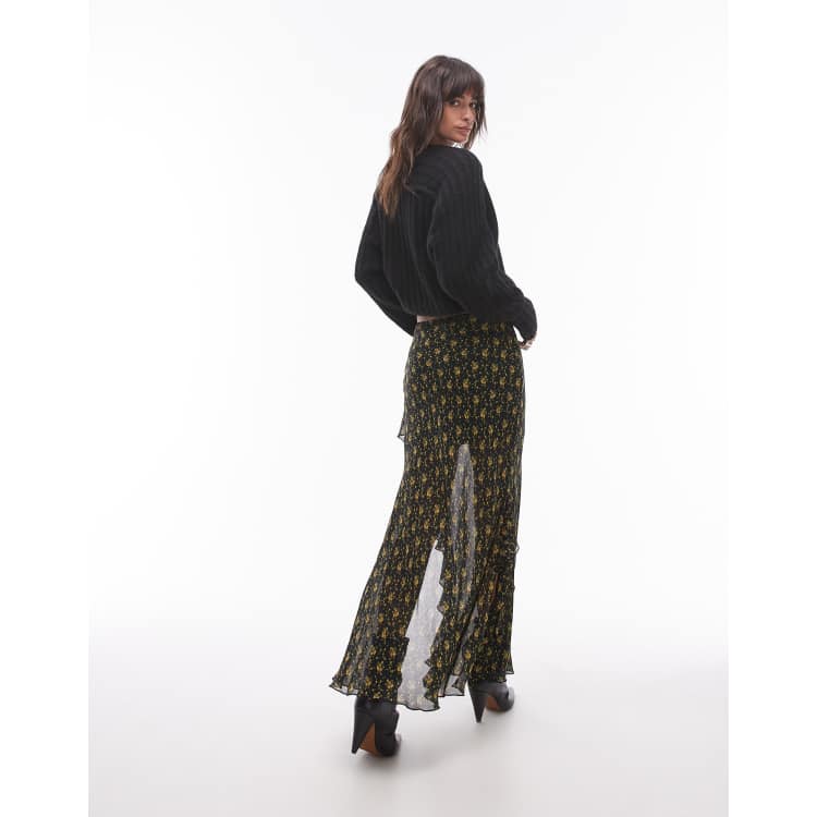 Topshop Jupe longue a volants et imprime fleuri vintage Moutarde ASOS