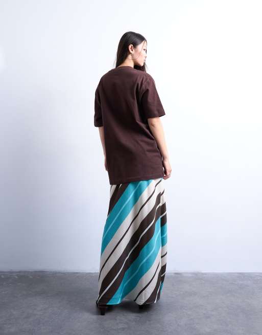 Topshop - Jupe longue coupée en biais en cupro à rayures - Marron et bleu, 2 de 5