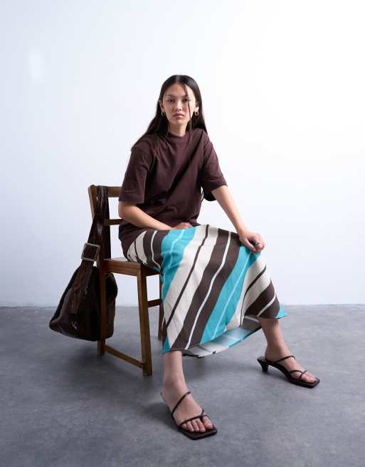Topshop - Jupe longue coupée en biais en cupro à rayures - Marron et bleu, 3 de 5