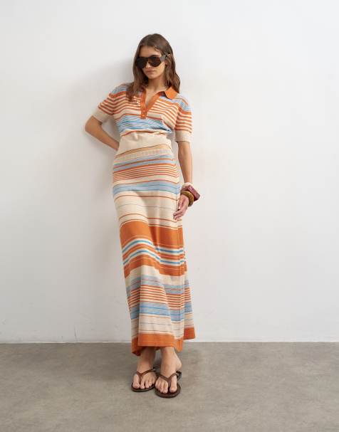 Topshop - Jupe longue d'ensemble en maille rayée - Bleu multicolore - view 1