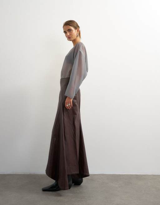 Topshop - Jupe longue d'ensemble en polyuréthane à détail drapé - Chocolat, 3 de 5