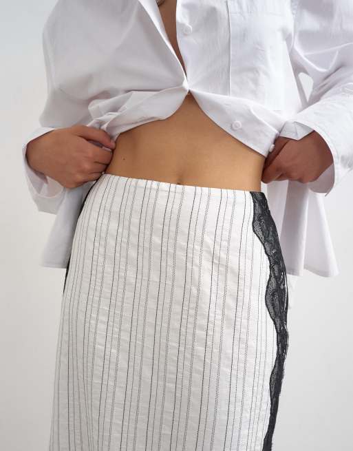 Topshop - Jupe longue droite à rayures avec empiècement en dentelle - Blanc, 3 de 5