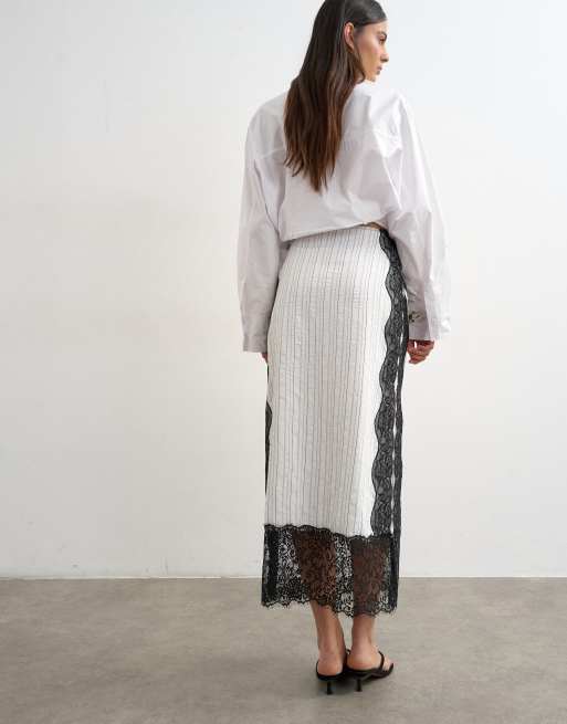 Topshop - Jupe longue droite à rayures avec empiècement en dentelle - Blanc, 5 de 5