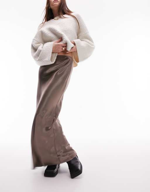 Topshop - Jupe longue effet satin coupée en biais - Champignon