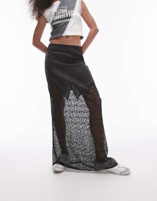 Topshop - Jupe longue en dentelle et satin - Noir