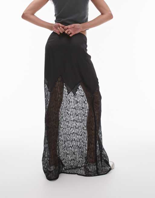 Topshop - Jupe longue en dentelle et satin - Noir, 3 de 5