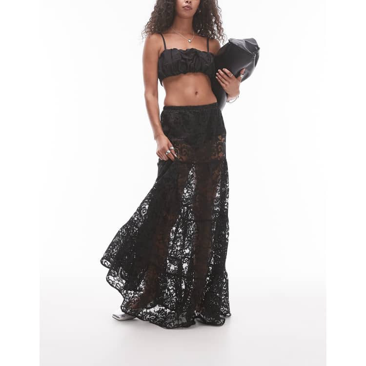 Topshop - Jupe longue en dentelle et satin avec ourlet plongeant - Noir | ASOS