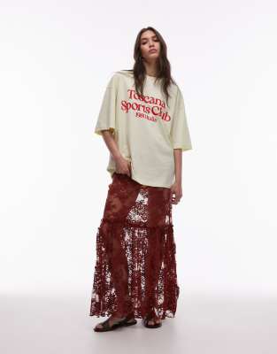 Topshop - Jupe longue en dentelle transparente avec couture à volants - Marron