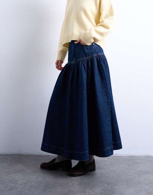 Topshop - Jupe longue en jean à empiècement froncé - Bleu intense, 4 de 5