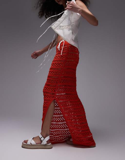 Topshop - Jupe longue en maille ajourée au crochet - Orange