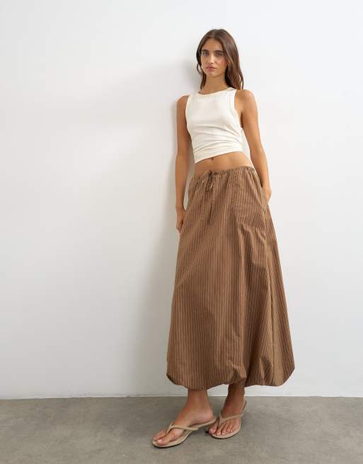 Topshop jupe longue en popeline à ourlet boule à rayures chocolat, 4 de 5