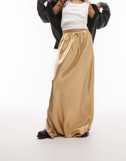 Topshop - Jupe longue en satin coupé biais effet liquide - Doré