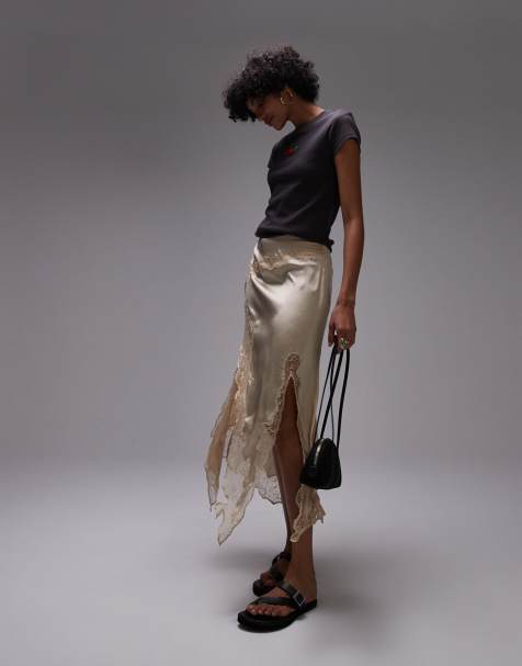 Topshop - Jupe longue en satin et dentelle - Babeurre - view 1