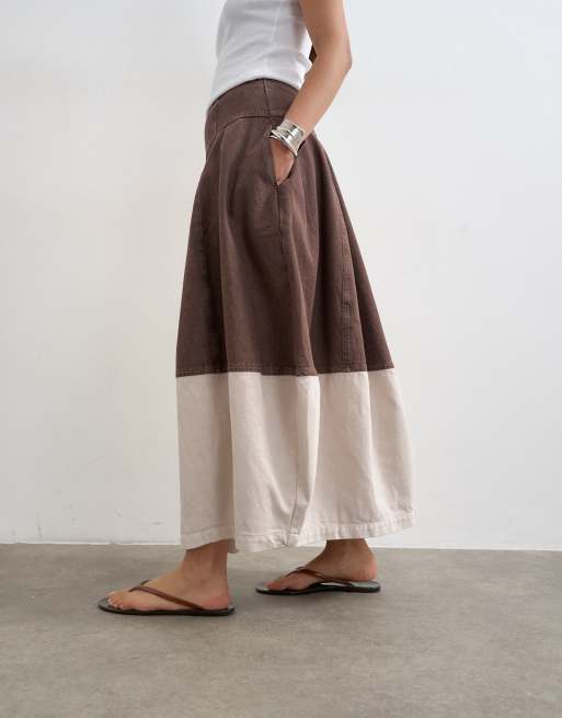 Topshop - Jupe longue et ample en jean à surpiqûres - Marron et écru, 2 de 5