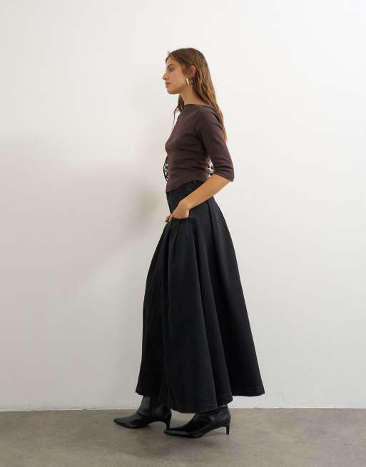 Topshop jupe longue plissée à empiècement en noir délavé, 4 de 5
