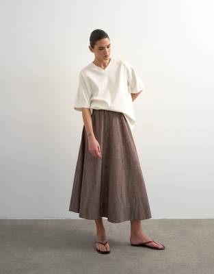 Jupe longue plissée d'ensemble à carreaux avec liens à la taille - Marron-Brown 34