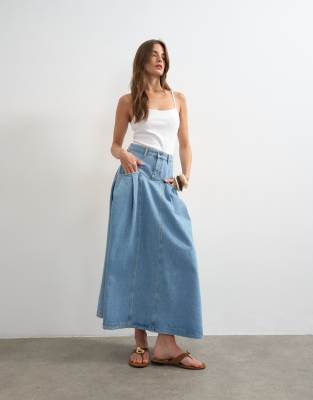 Jupe longue plissée en jean - Bleu délavé 34