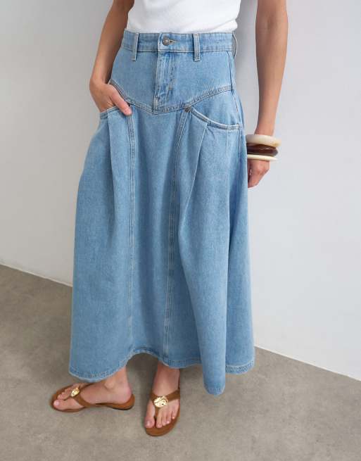 Topshop - Jupe longue plissée en jean - Bleu délavé, 3 de 5
