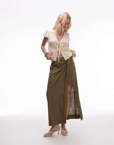 Topshop - Jupe longue style paréo en lin - Vert - view 1