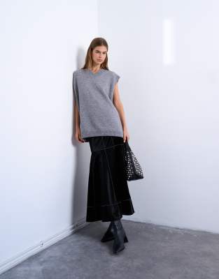 Jupe longue taille basse en PU à coutures contrastantes - Noir 36