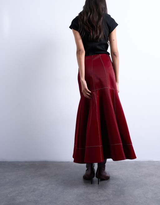 Topshop - Jupe longue taille basse en PU à coutures contrastantes - Rouge, 5 de 5