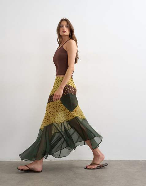 Topshop - Jupe longue transparente à pois avec empiècements asymétriques - Vert et marron - view 1