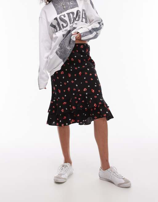 Topshop - Jupe longueur genou avec doubles volants - Noir à fleurs rouges, 2 de 5