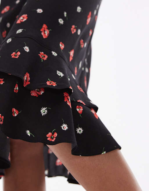 Topshop - Jupe longueur genou avec doubles volants - Noir à fleurs rouges, 3 de 5