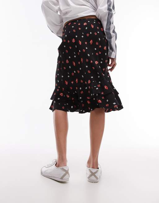 Topshop - Jupe longueur genou avec doubles volants - Noir à fleurs rouges, 4 de 5