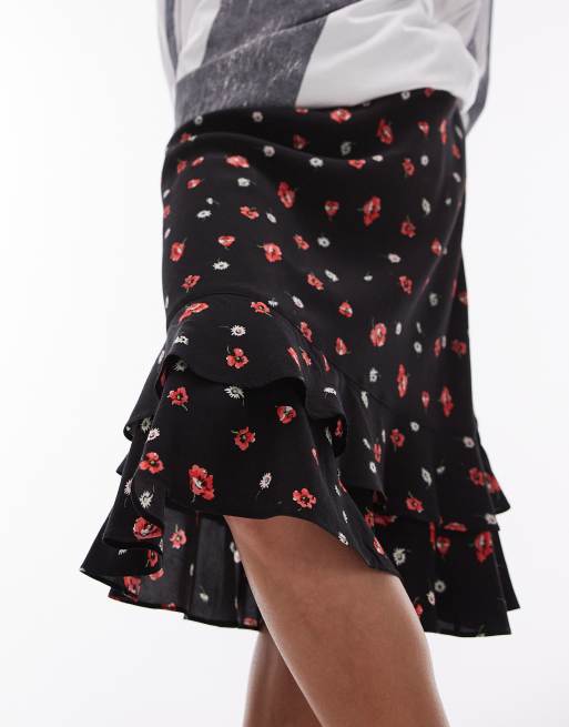 Topshop - Jupe longueur genou avec doubles volants - Noir à fleurs rouges, 5 de 5