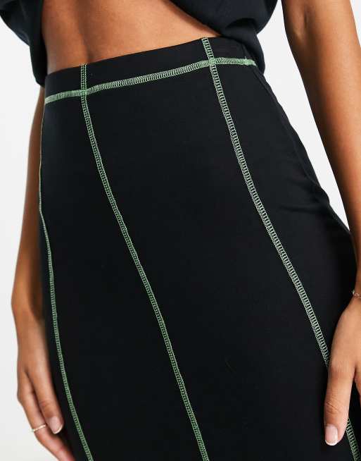 Topshop - Jupe mi-longue à coutures plates contrastantes - Noir/vert citron , 2 de 4