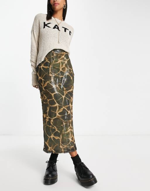 Topshop - Jupe mi-longue à sequins avec superposition en tulle imprimée - Neutre
