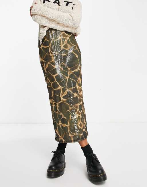 Topshop - Jupe mi-longue à sequins avec superposition en tulle imprimée - Neutre, 4 de 4