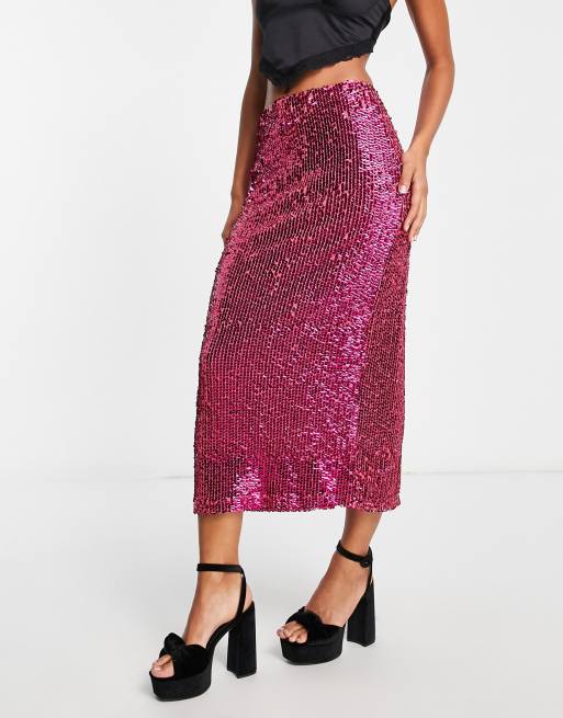 Topshop - Jupe mi-longue à sequins - Rose vif