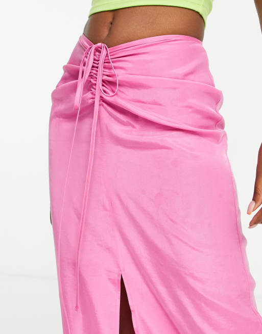 Topshop - Jupe mi-longue à taille froncée avec liens - Rose , 4 de 4